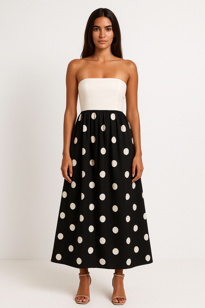 Women's Maxi Dress – Strapless A-line Fit – Lightweight Woven Fabric – Polka Dot Design