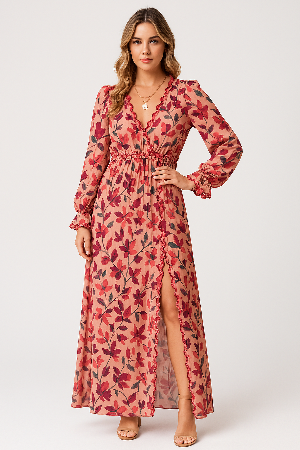 Women's Maxi Dress – Chiffon – Bohemian Fit – V-neck – Long Sleeves – Floral Print
