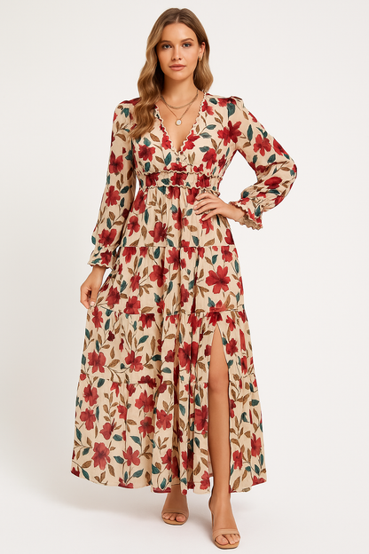 Women's Maxi Dress – Chiffon – Bohemian Fit – V-neck – Long Sleeves – Floral Print