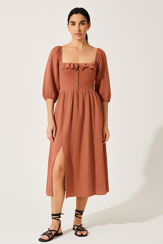 Women's A-line Dress – Cotton Blend – V-neck with Ruffle – Smocked Waist – Long Sleeves