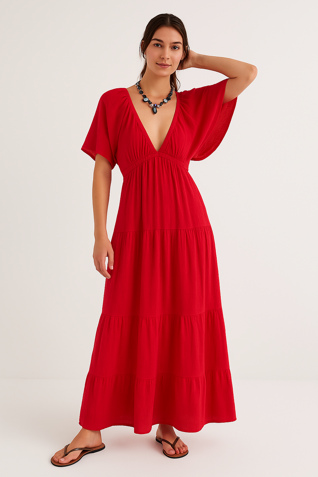 Women's Maxi Dress – Loose Fit – A-Line – V-Neck – Open Back – Lightweight and Breathable