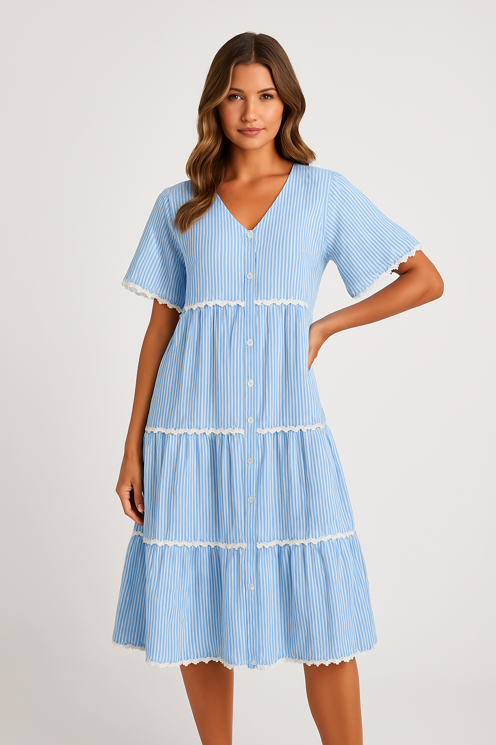 Dress for Women – V-Neck – Loose Fit – Layered Design with Lace Trim