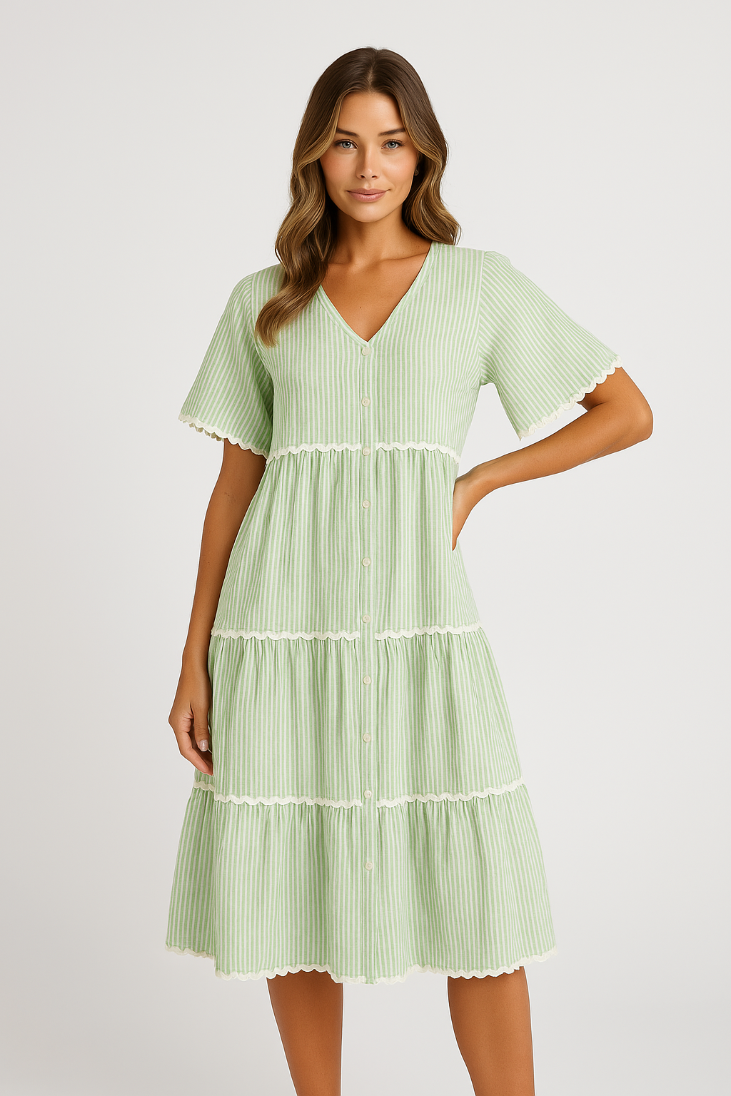 Dress for Women – V-Neck – Loose Fit – Layered Design with Lace Trim