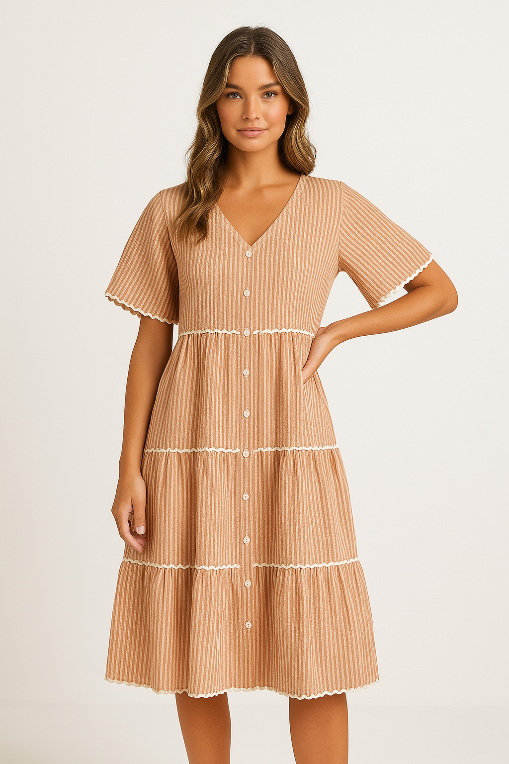 Dress for Women – V-Neck – Loose Fit – Layered Design with Lace Trim