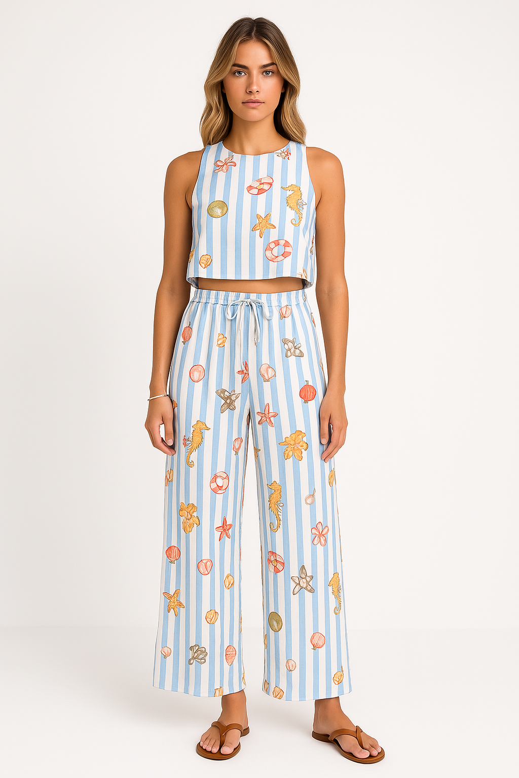 Women's Set – Sleeveless Cropped Top and Wide Pants – Striped Linen – Relaxed Fit