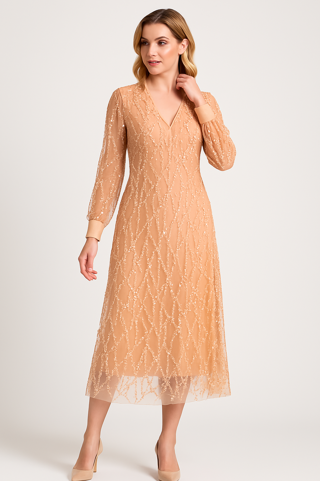 Dress for Women – Long-Sleeved Maxi Dress – Sequin Design with Fringe – V-Neck