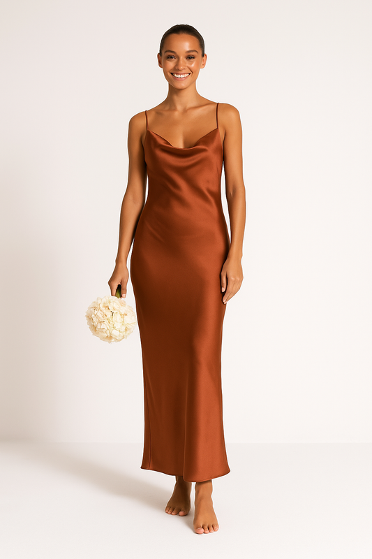 Women's Maxi Dress – Satin – Slim Fit – Sleeveless – Cowl Neck – Evening Wear