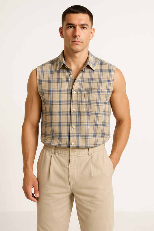 Men's Sleeveless Shirt – Loose Fit – Lightweight Cotton – Button Closure – Checked Casual