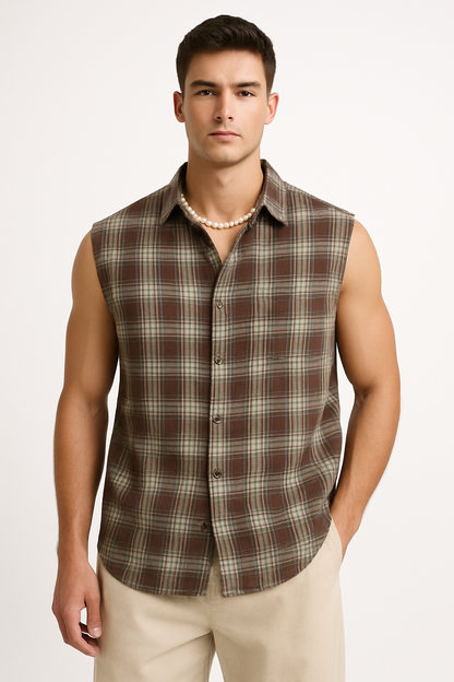 Men's Sleeveless Shirt – Loose Fit – Button Closure – Breathable Plaid Casual Style