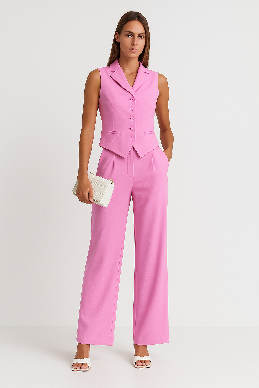 Women's Two-Piece Set – Tailored Sleeveless Vest – High Waist Wide-Leg Pants