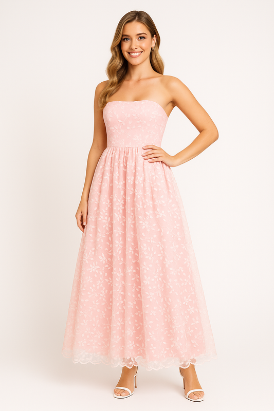 Dress for Women – Evening Dress – Strapless Fit – Floral Embroidery – Long and Airy