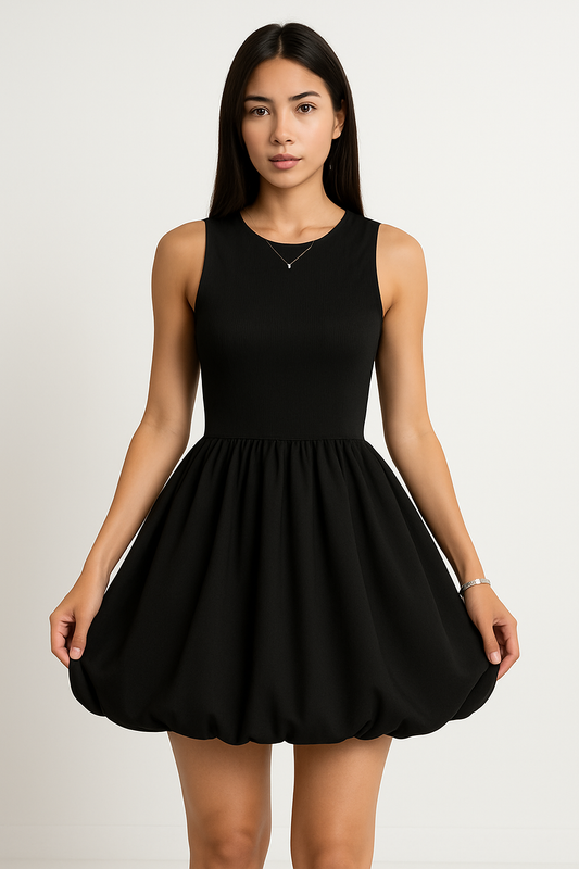 Dress for Women – Mini Length – Sleeveless – Ruffle Skirt with Bubble Hem – Round Neck