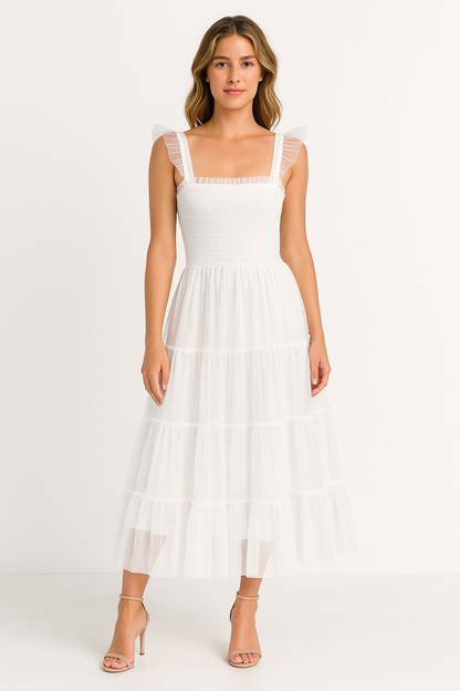 Women's Dress – Smocked Bodice – Layered Mesh Skirt – Sleeveless with Ruffle Details