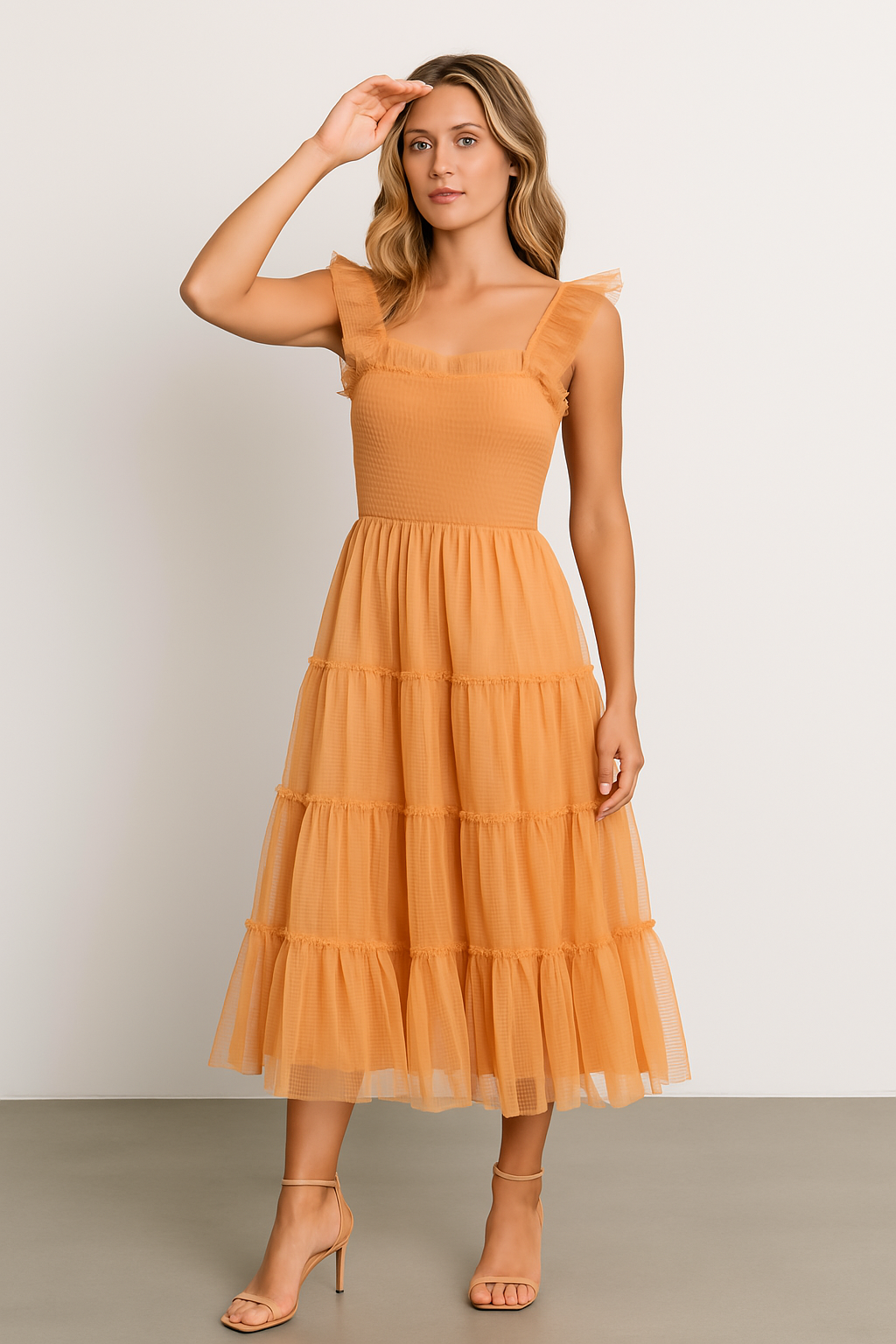 Women's Dress – Smocked Bodice – Layered Mesh Skirt – Sleeveless with Ruffle Details