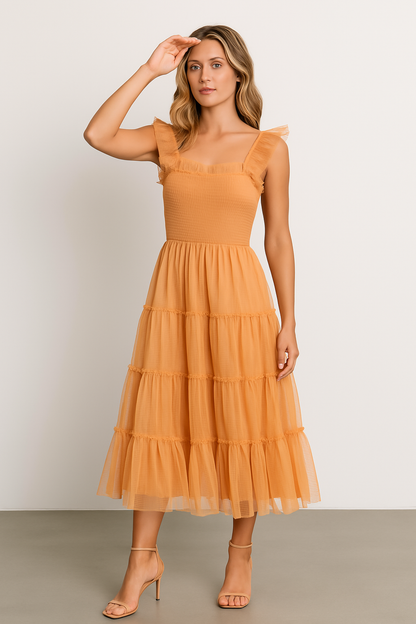Women's Dress – Smocked Bodice – Layered Mesh Skirt – Sleeveless with Ruffle Details