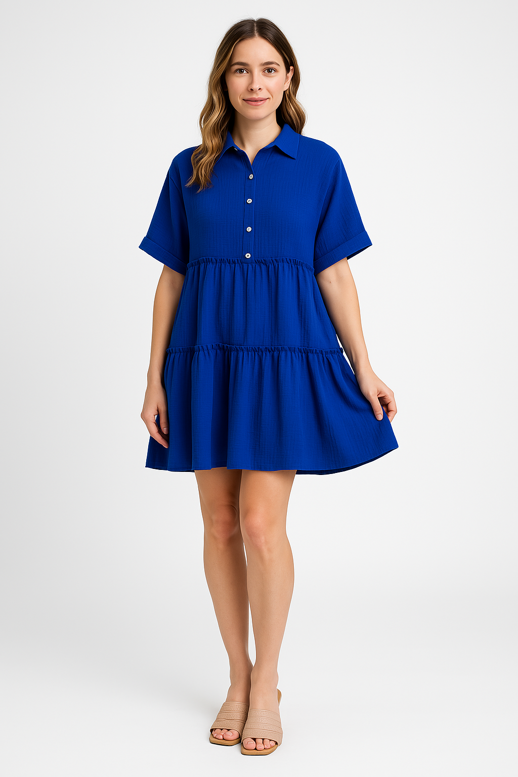 Women's Mini Dress – Cotton Linen – Loose Fit – Shirt Collar – Short Sleeves Layered