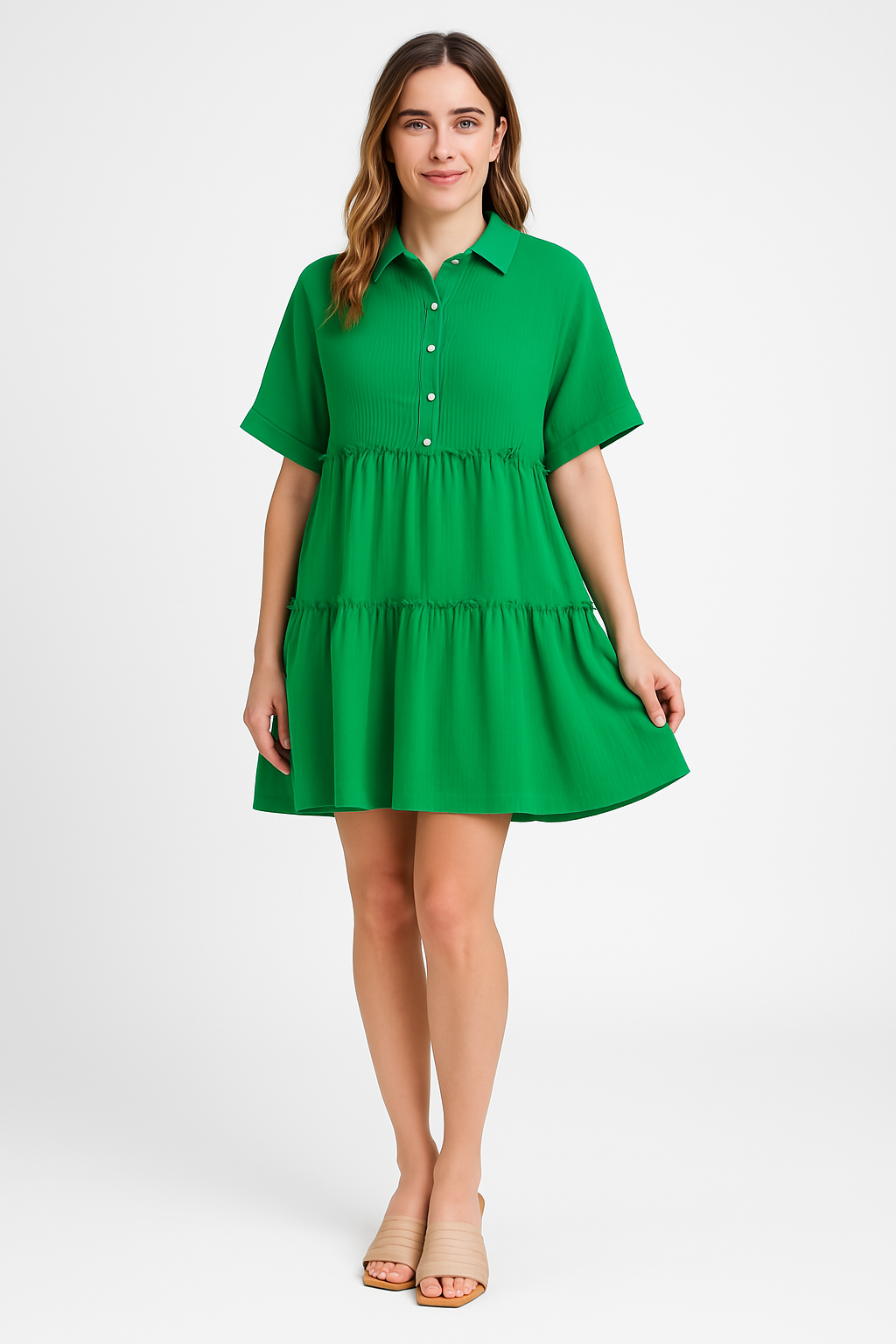 Women's Mini Dress – Cotton Linen – Loose Fit – Shirt Collar – Short Sleeves Layered