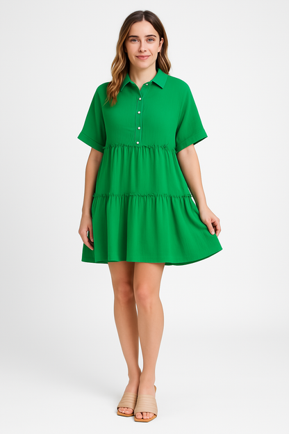 Women's Mini Dress – Cotton Linen – Loose Fit – Shirt Collar – Short Sleeves Layered