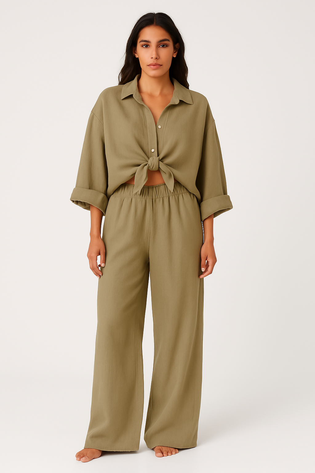 Women's Outfit Set – Oversized Shirt with Tie Front – Wide Pants – Light and Breathable