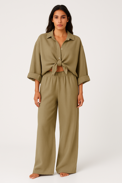 Women's Outfit Set – Oversized Shirt with Tie Front – Wide Pants – Light and Breathable