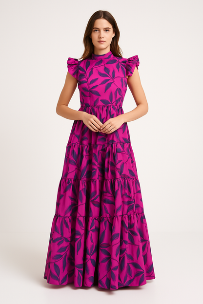 Women's Maxi Dress – Lightweight Ruffle Skirt – Ruched Waist – Print – Elegant Fit