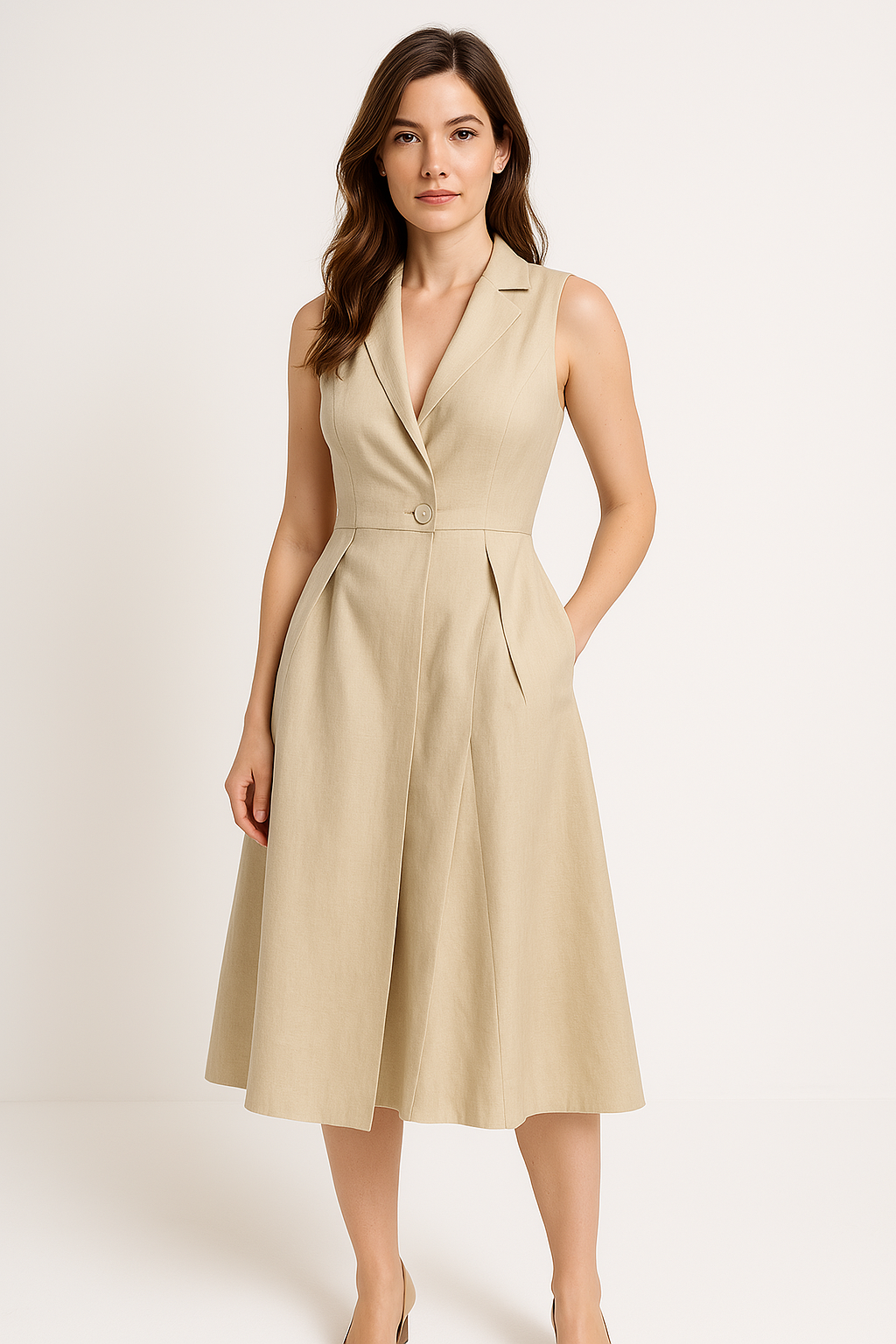 Dress for Women – Midi Length – A-line Cut – V-neckline – Lightweight and Breathable