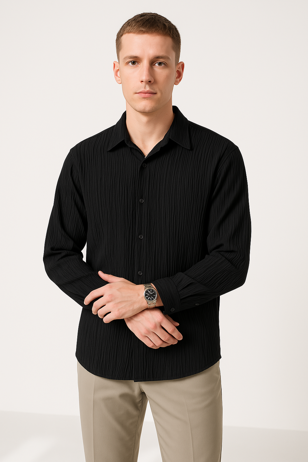 Men`s Long-Sleeve Shirt – Crinkled Texture – Oversized Fit – Button Closure