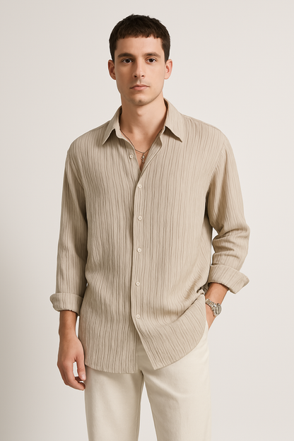 Men`s Long-Sleeve Shirt – Crinkled Texture – Oversized Fit – Button Closure