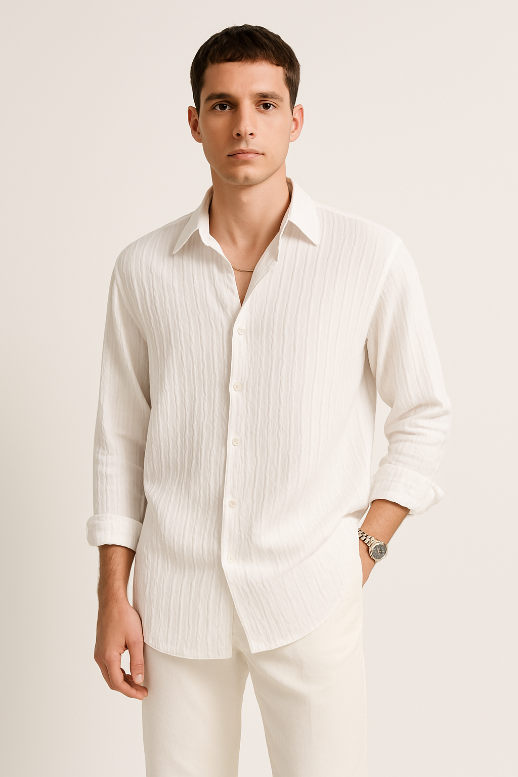 Men`s Long-Sleeve Shirt – Crinkled Texture – Oversized Fit – Button Closure