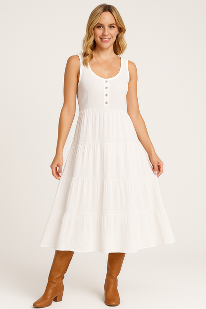 Dress for Women – Maxi A-line – Sleeveless – U-neck – Button Details – Layered Skirt