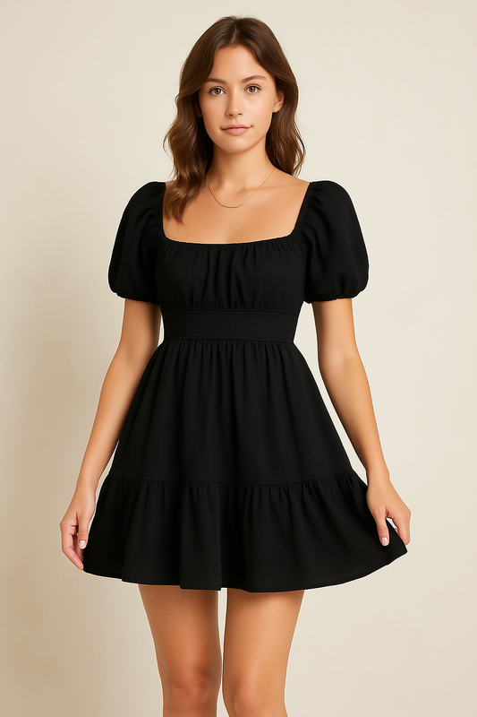 Women's Mini Dress – Natural Fibers – A-Line Fit – Puff Sleeves – Square Neckline