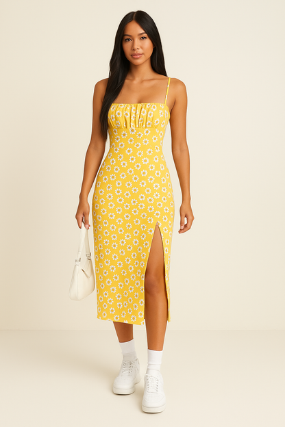 Dress for Women – Midi – Slim Fit – Spaghetti Straps – Floral Print – Side Slit