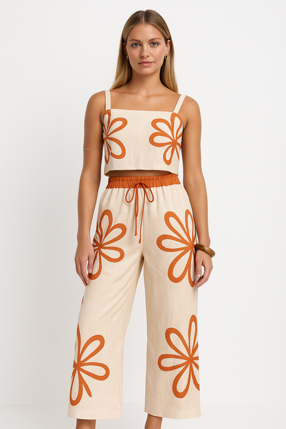 Women's Set with Cami and Wide Pants – Lightweight – Floral Print – Relaxed Fit