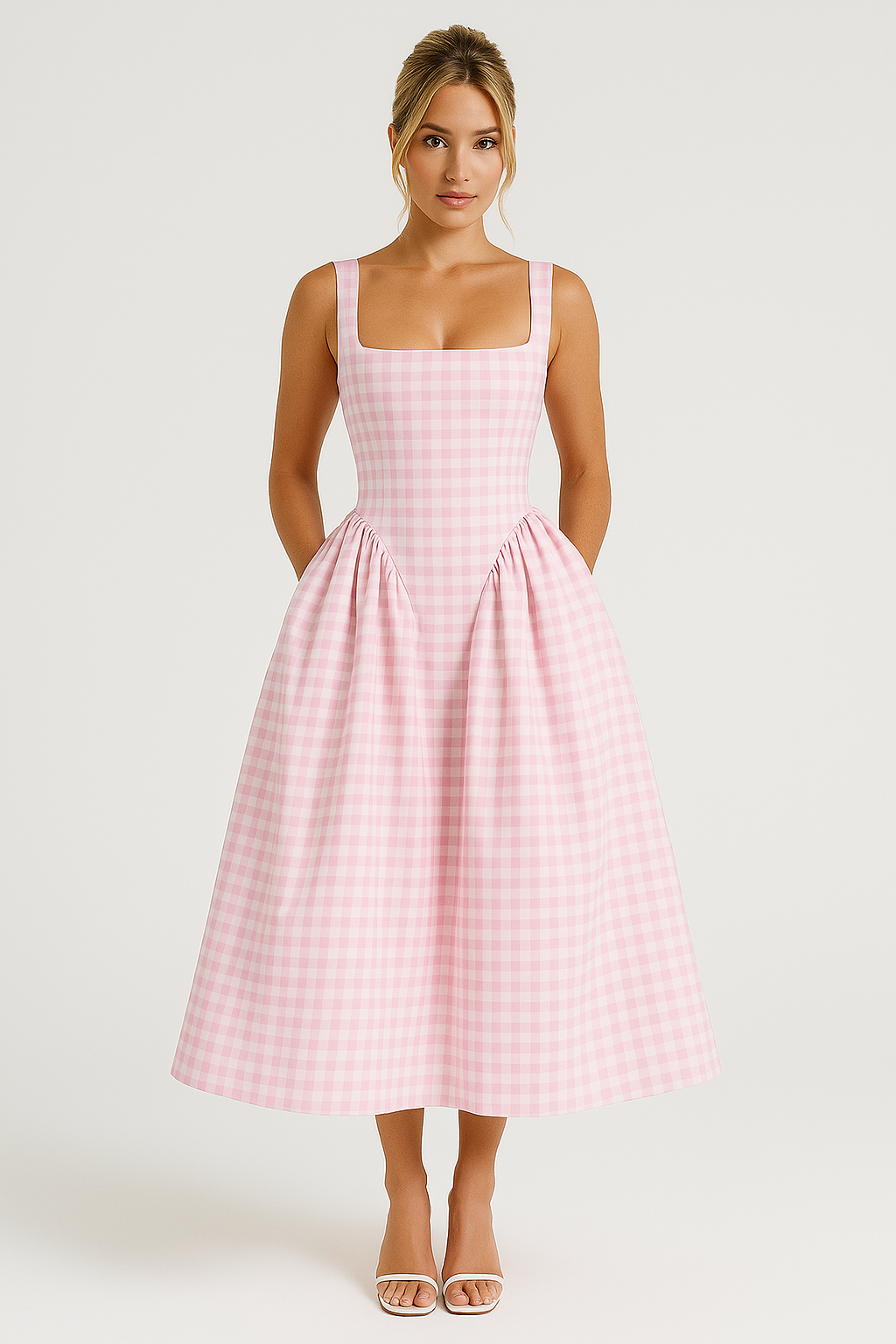 Dress for Women – Midi Dress – Princess Cut – Checkered Pattern – Spaghetti Straps – Square Neckline