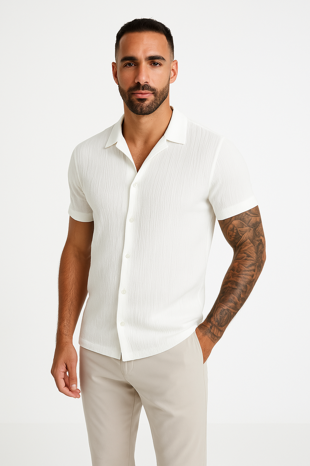 Men's Shirt with Short Sleeves – Cotton Linen Blend – Loose Fit – Button Closure