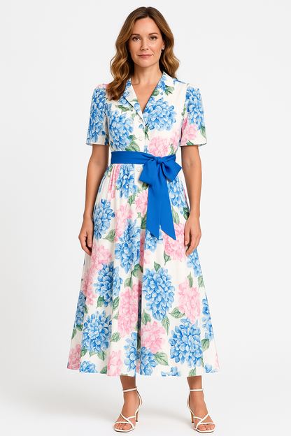 Women's Maxi Dress – A-line Fit – Short Sleeves – Floral Print – Waist Tie