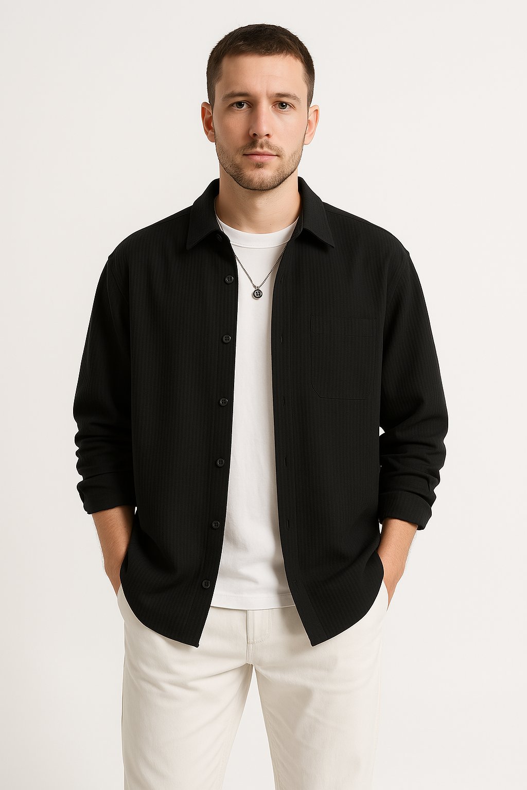 Men's Shirt – Waffle Knit – Oversized Fit – Long Sleeve – Button Closure Casual