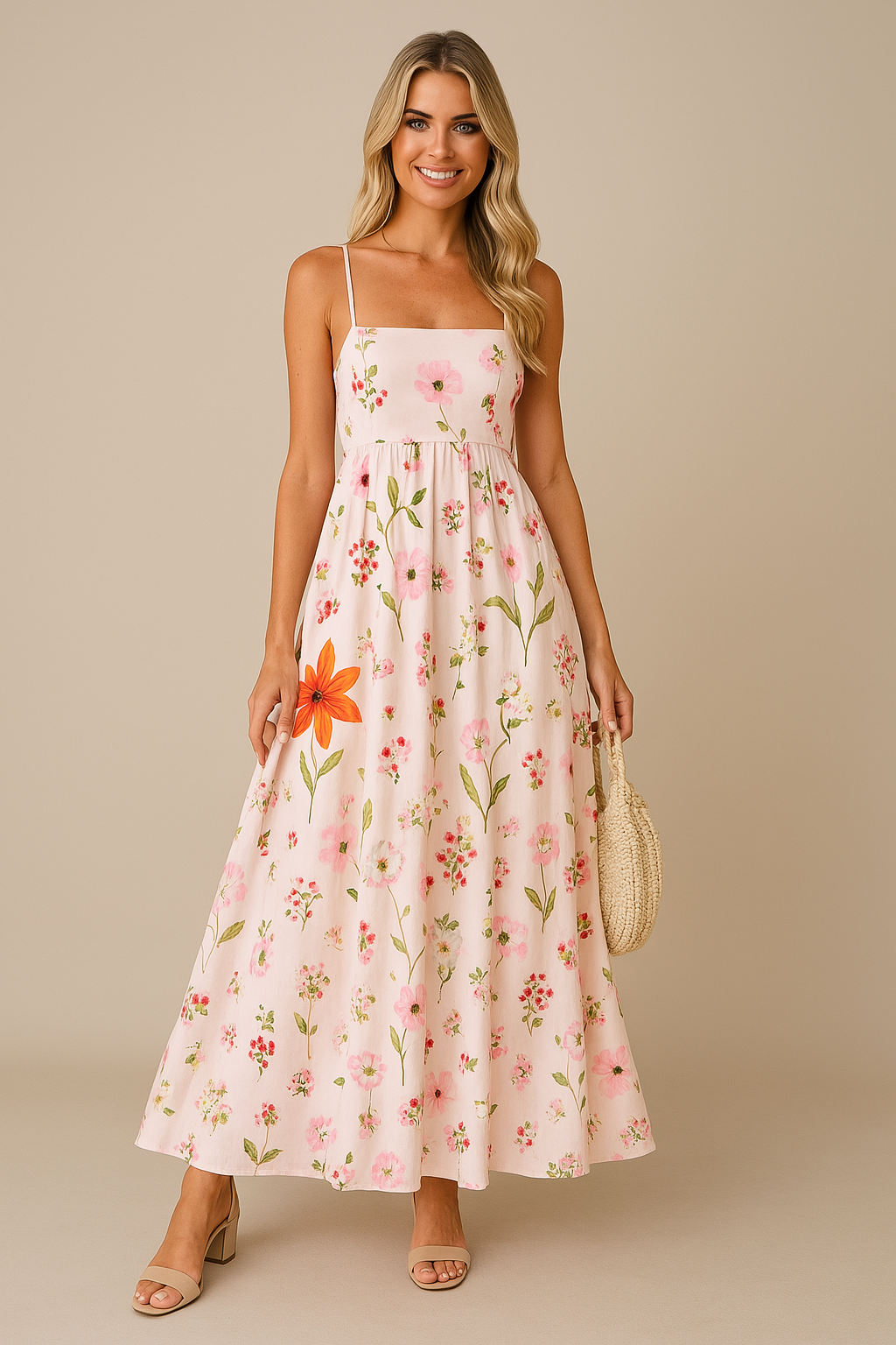 Dress for Women – Maxi A-line – Lightweight – Floral Print – Backless with Straps