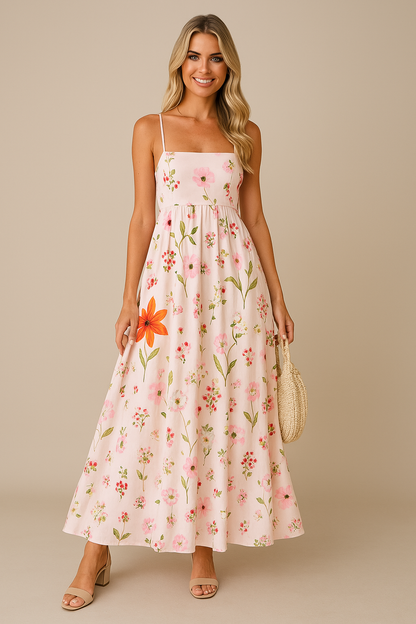 Dress for Women – Maxi A-line – Lightweight – Floral Print – Backless with Straps