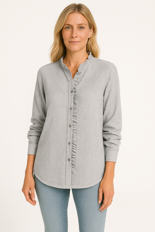 Women's Blouse – Relaxed Fit – Textured Fabric – Long Sleeves – Button Closure with Ruffle Edge