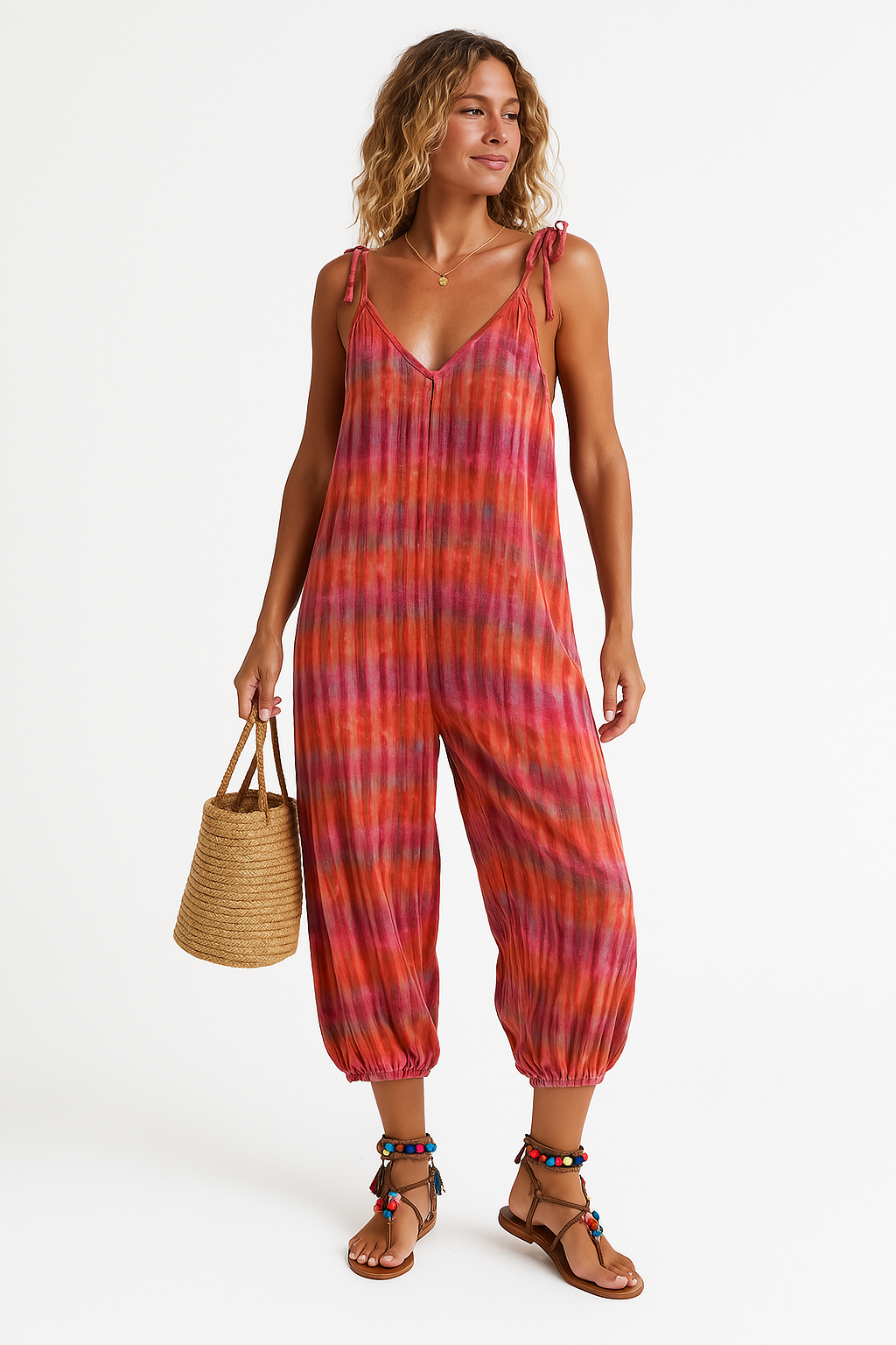 Women's Jumpsuit – Loose Fit – Adjustable Straps – V-Neck – Waistband – Print