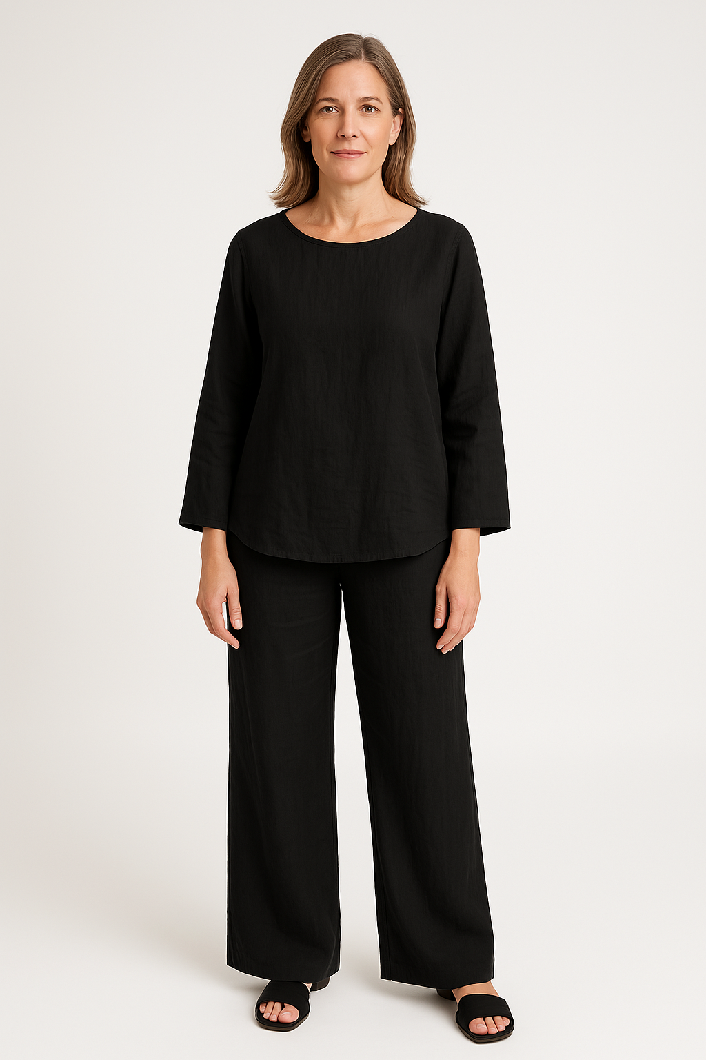 Women's Set – Linen – Relaxed Fit – Long-Sleeved Top – Wide Pants