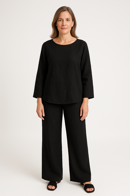 Women's Set – Linen – Relaxed Fit – Long-Sleeved Top – Wide Pants