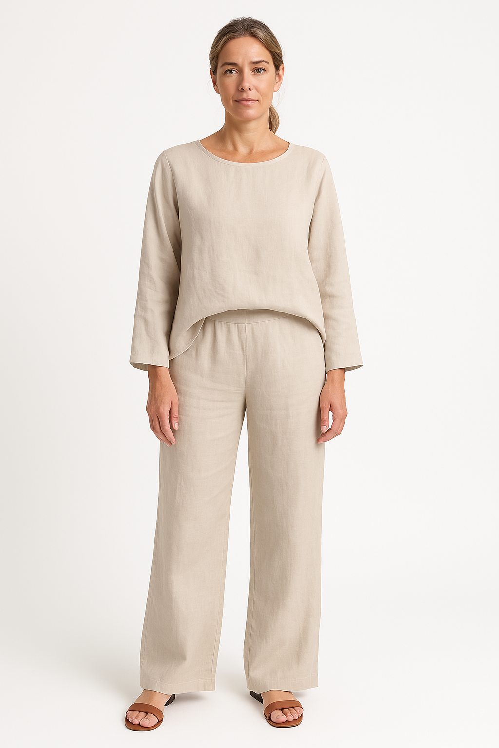 Women's Set – Linen – Relaxed Fit – Long-Sleeved Top – Wide Pants