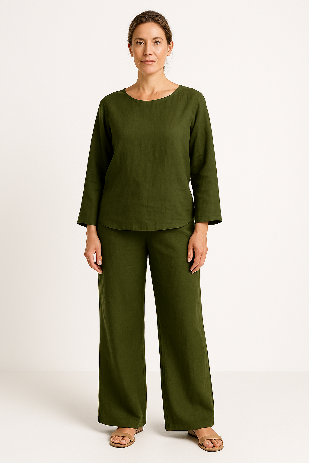 Women's Set – Linen – Relaxed Fit – Long-Sleeved Top – Wide Pants