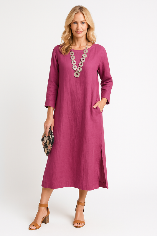 Women's Shirt Dress – Relaxed Fit – Long Sleeve – Lightly Woven – Midi – Slit Details