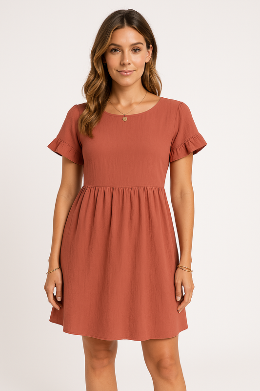 Women's Dress – Cotton Linen Mix – Loose Fit – Ruffle Sleeves – Knee Length Casual