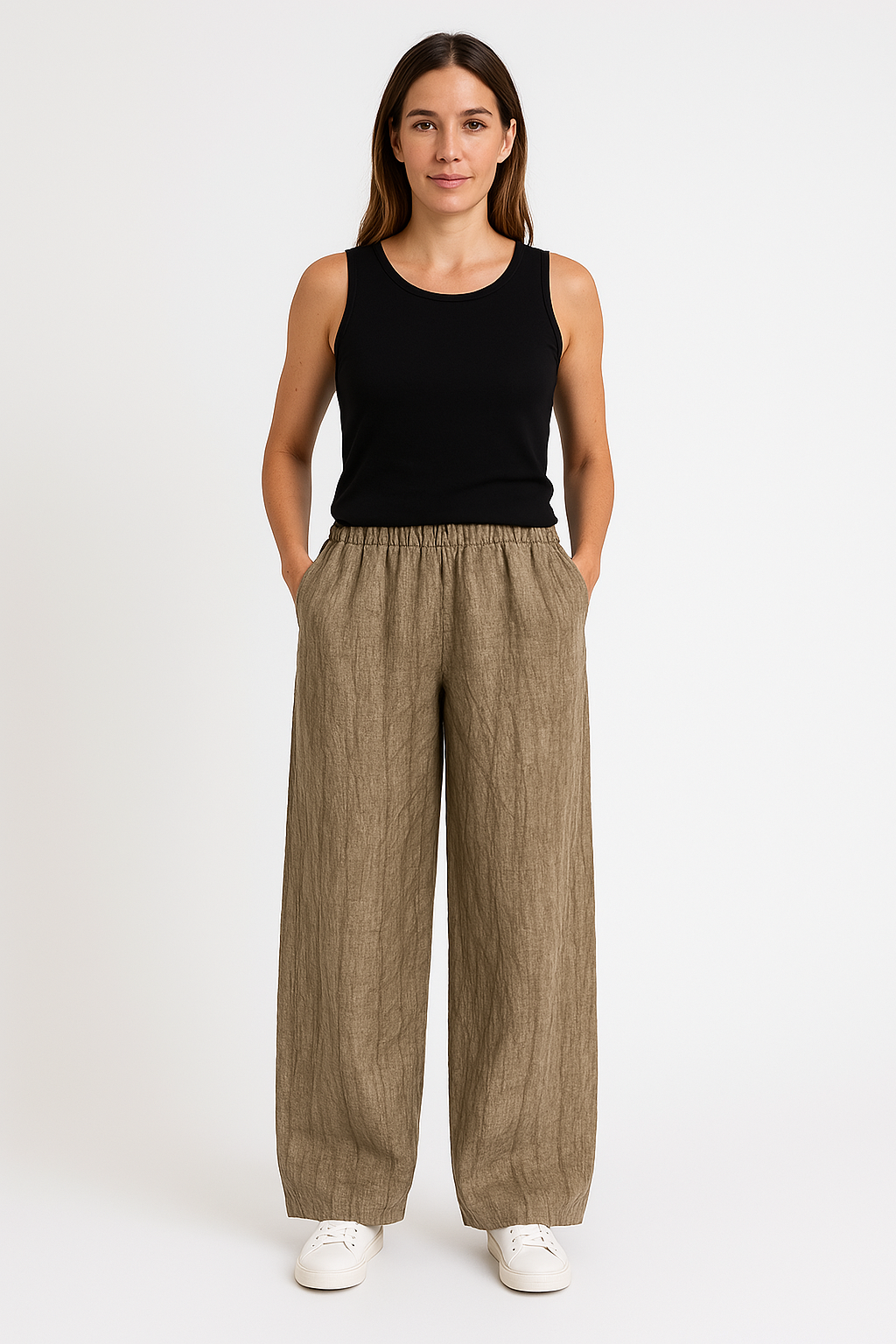 Women's Pants – Relaxed Fit – Cotton Linen – Elastic Waist – Full Length