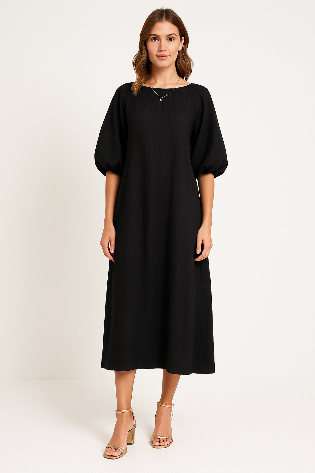 Women's Long Dress – Loose Fit – Puff Sleeves – Round Neck – Light and Breathable