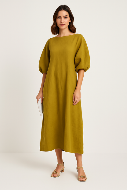 Women's Long Dress – Loose Fit – Puff Sleeves – Round Neck – Light and Breathable